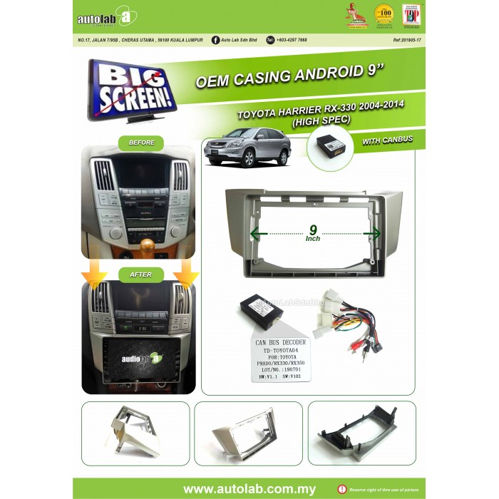 Big Screen Casing Android - Toyota Harrier RX-330 (High Spec) 2004-2014 (9inch)